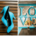 Turquoise Blue , Snakeskin Textured Wedding Shoes and Orange and Green Wedding Bouquet Flowers