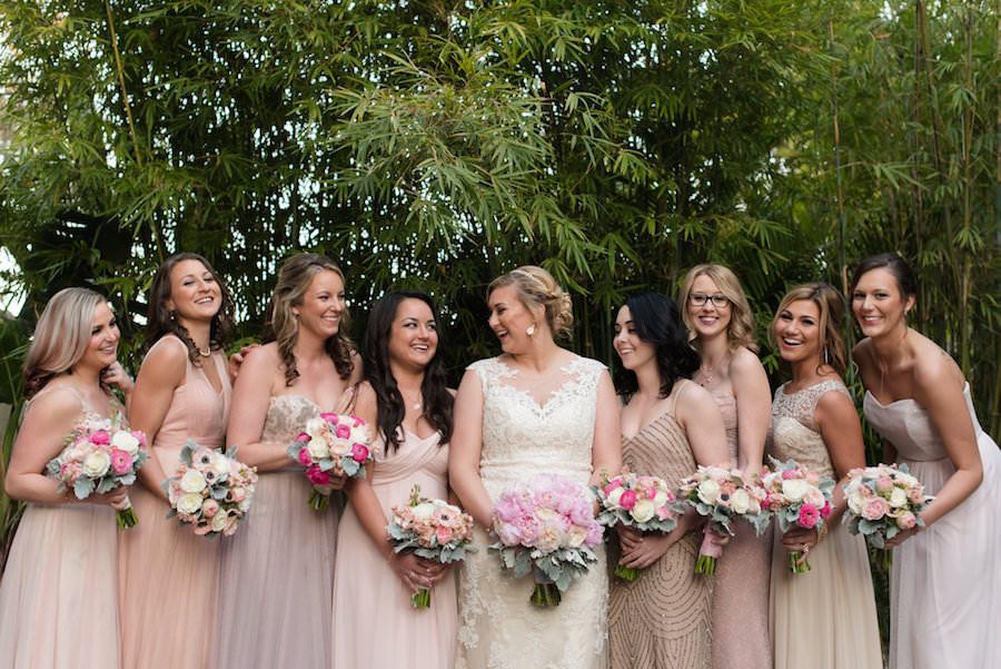 Bride and Bridesmaids Bridal Party Portrait with Ivory, Lace Wedding Dress, Bridesmaids Dresses and Pink and White Floral Bouquets | St. Petersburg Wedding Photographer Caroline & Evan Photography