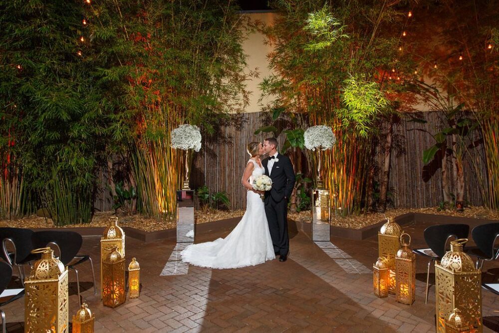 Outdoor Nighttime Wedding Portrait of Bride and Groom at Downtown St. Pete Wedding Venue NOVA 535