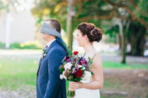 Bride and Groom Blindfolded First Look on Wedding Day