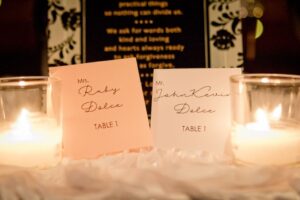 Elegant Black and White St Pete Wedding Reception with Stylish Printed Table Numbers with Votive Candles | Unique Downtown St Pete Wedding Venue NOVA 535
