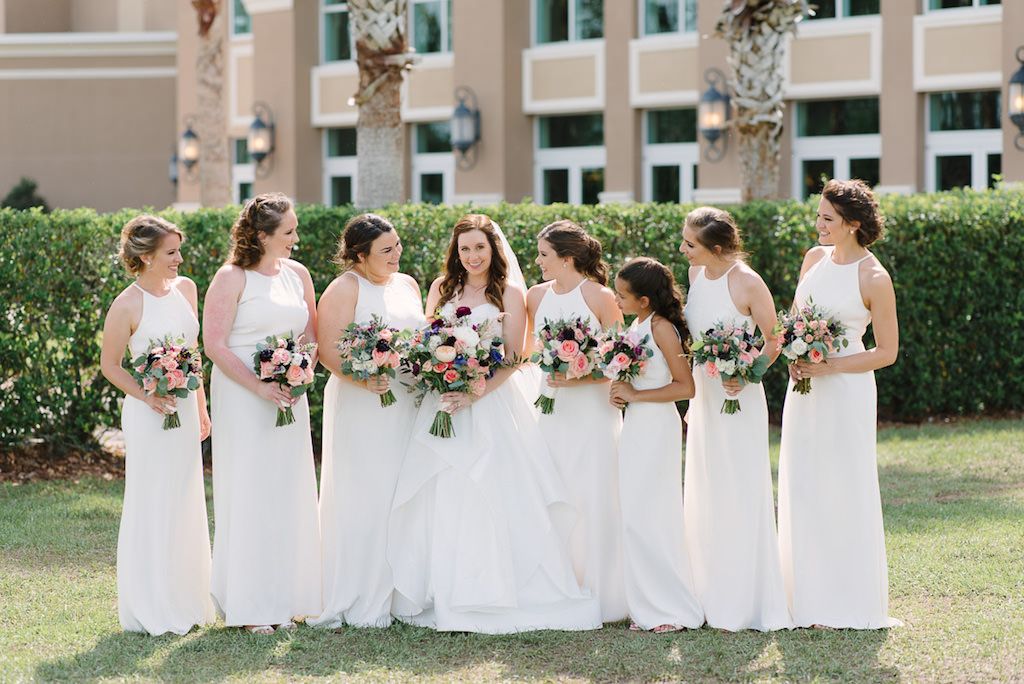 Outdoor Bridal Party Portrait, Bridesmaids in Halter White Floorlength Dessy Dresses, with Peach, Purple, White and Pink Flower with Greenery Bouquets