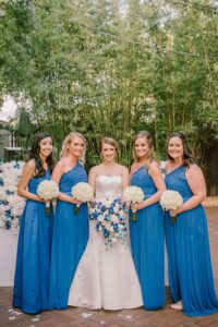 Bridesmaids in long one shoulder blue lace dresses