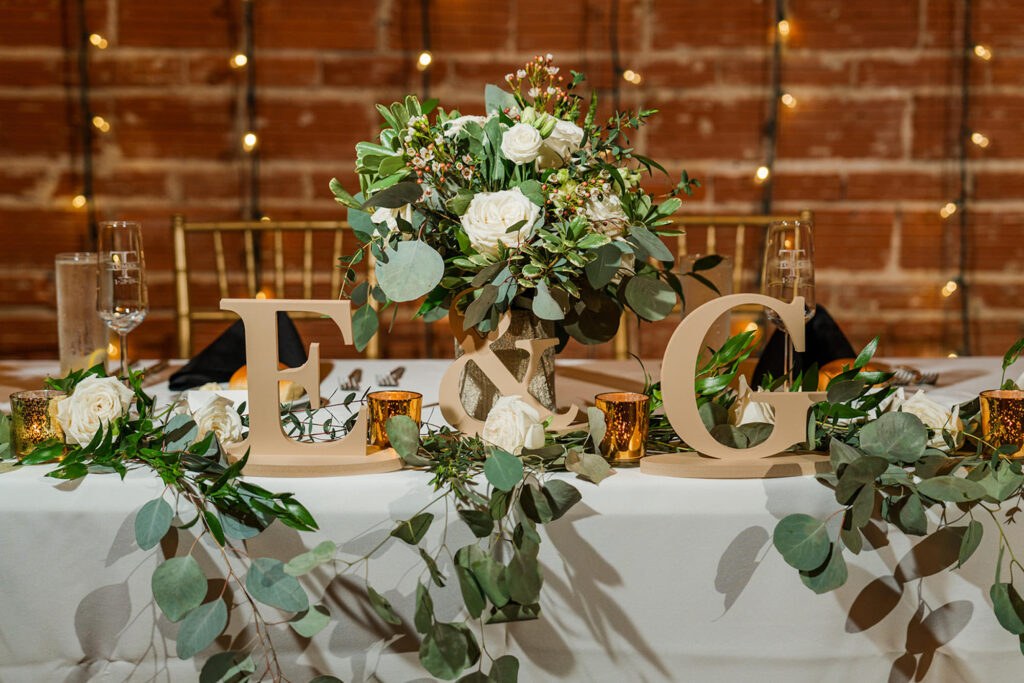 White, Gold, and Greenery Wedding Reception Sweetheart Table Decor Ideas