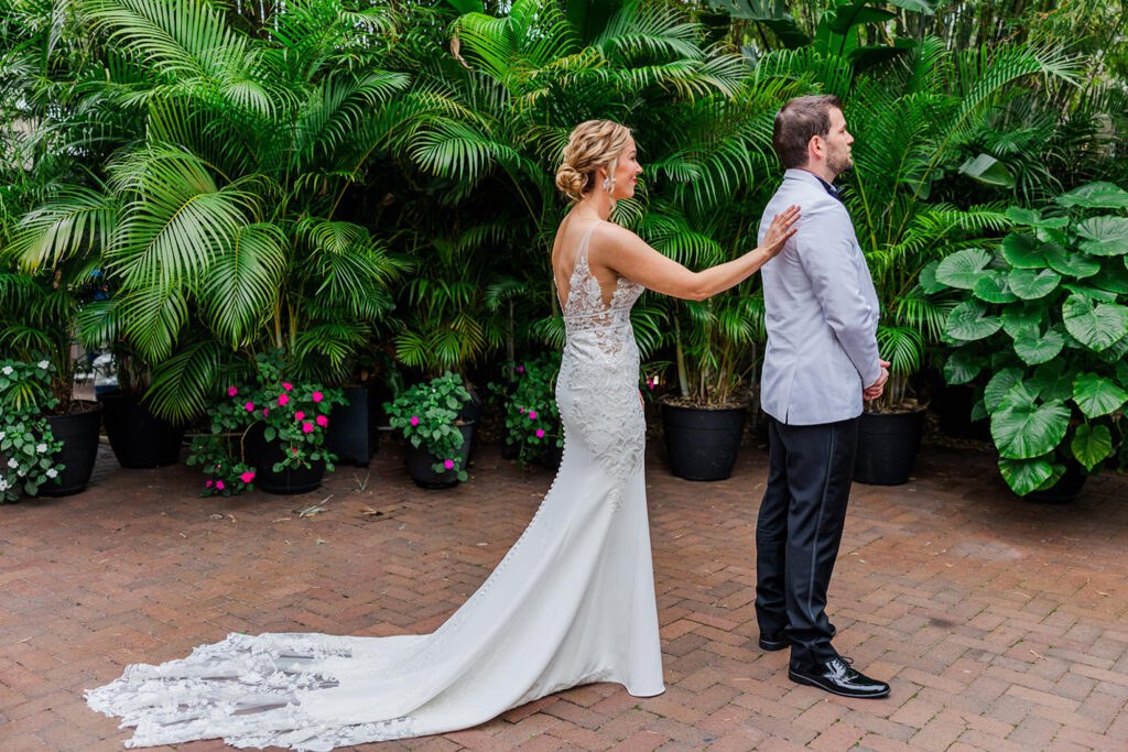 Bride and Groom Bamboo Courtyard First Look Wedding Portrait | St Pete Event Venue Nova 535