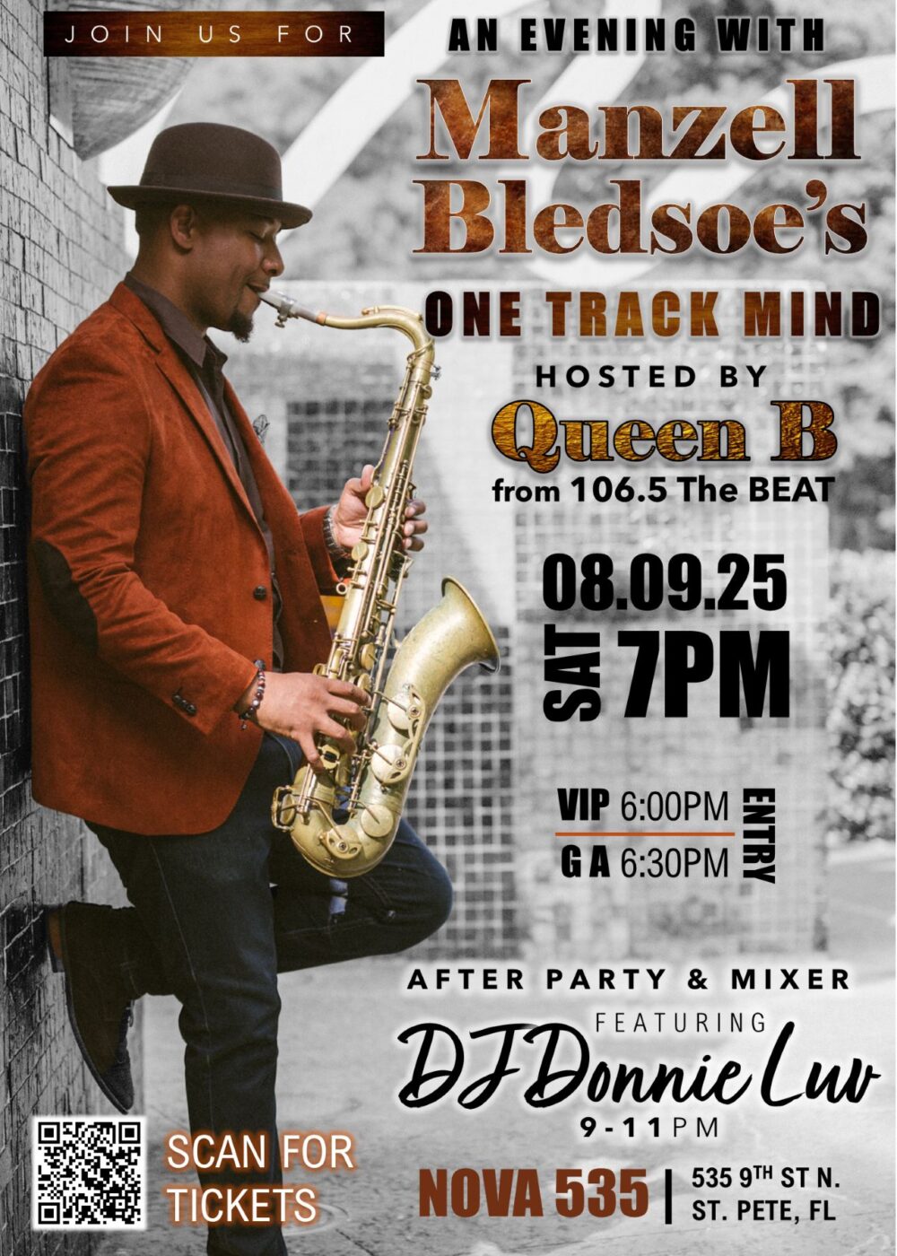 Manzell Bledsoe Celebrates Jazz with Queen B and DJ Donnie Luv on Saturday August 9, 2025 at historic St. Pete venue NOVA 535