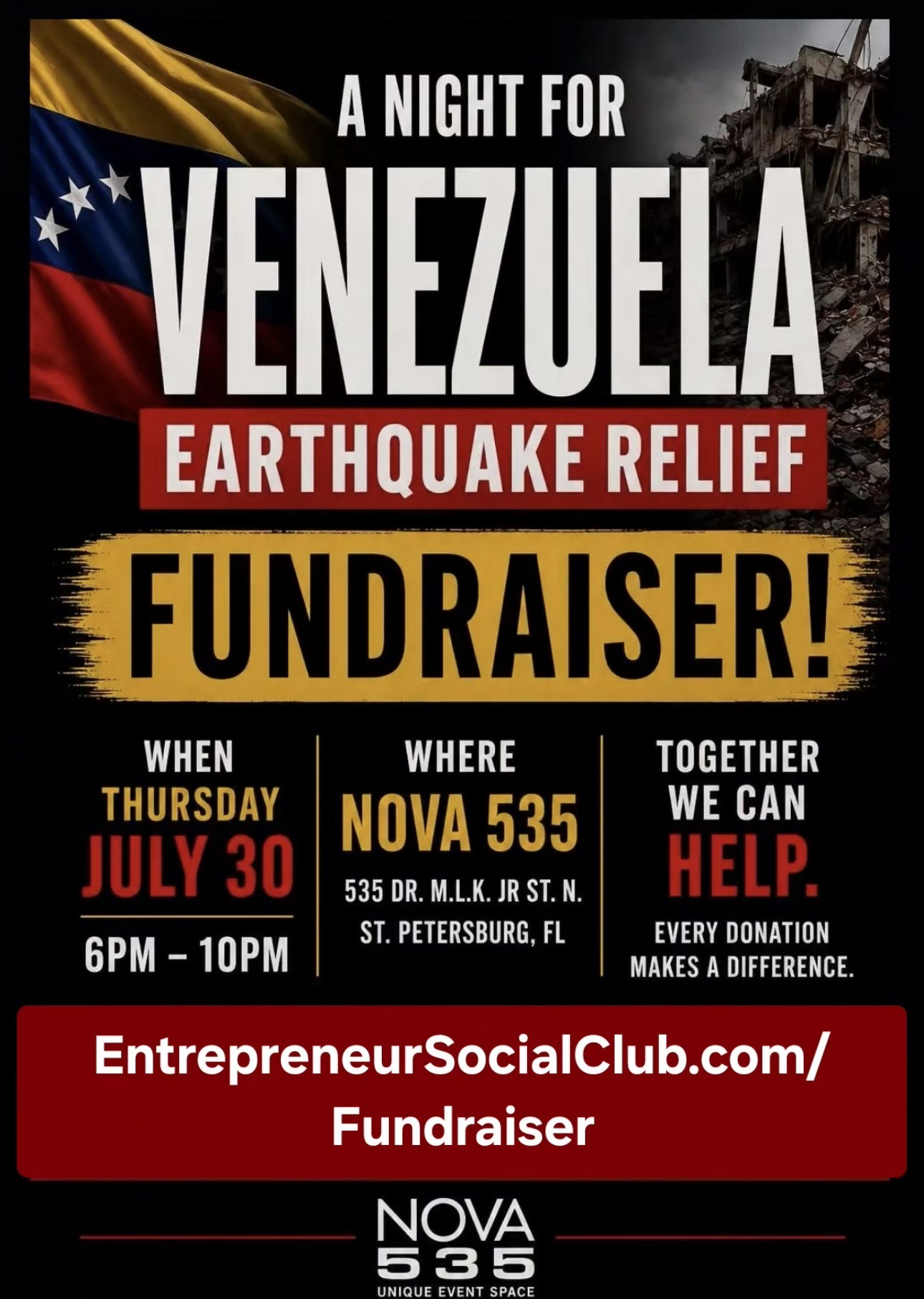2026 Venezuela Earthquake Fundraiser Thursday July 30 at NOVA 535 from 6pm to 10 pm