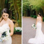 Elegant, Romantic Tampa Bay Bride in White Maggie Sottero Lace Wedding Dress with Cutaway Low Back, Soft Floral Bridal Bouquet with Blush Pink Roses, White Hydrangeas, Blue Thistle, Greenery Flowers, in Florida Bamboo Courtyard | | Downtown St. Pete Unique Wedding Venue NOVA 535