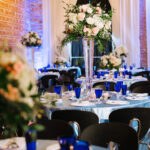 Carolina Baby Blue Wedding Linen Decor and White and Peach Floral Centerpiece with Cobalt Blue Vintage Dishes | Best Downtown St. Pete Wedding Venue NOVA 535