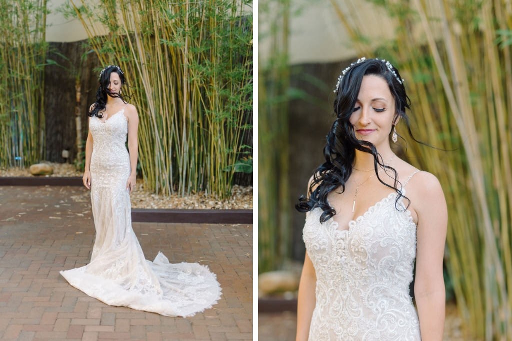 Bride in spaghetti strap wedding dress with crystal headpiece