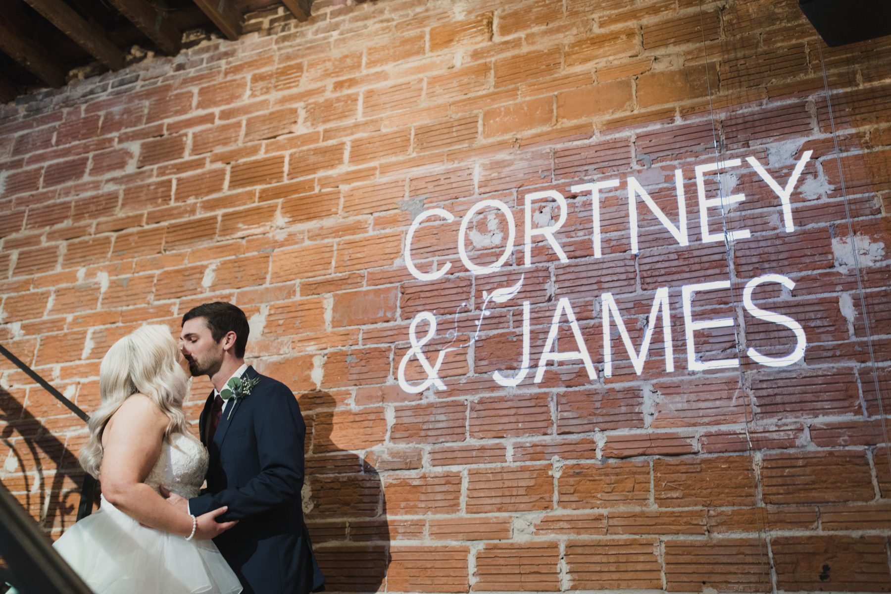 Bride and groom with spotlight sign at NOVA 535
